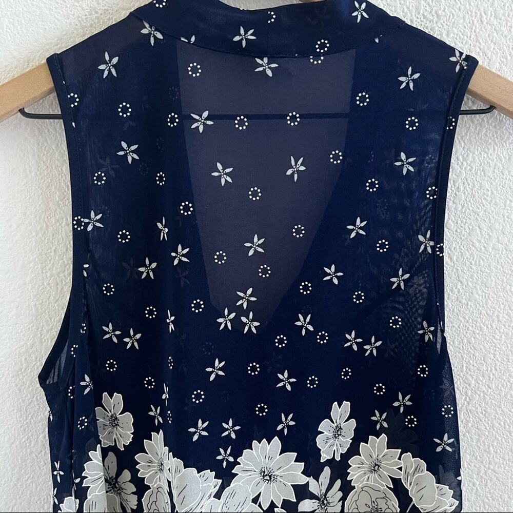 Ember Raised Painted Floral Navy Semi Sheer Secretary Tie Bow Top Blouse Shirt M - Picture 7 of 9
